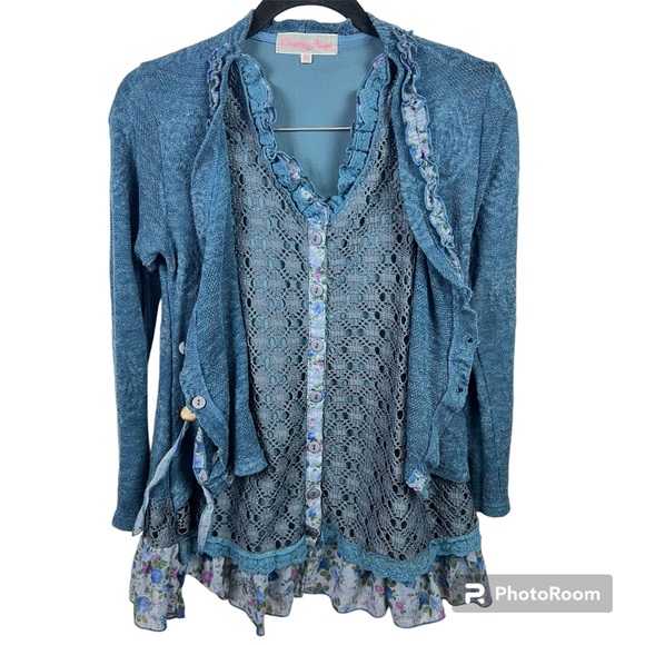 Pretty Angel Women’s Button Up Linen Blend Cardigan Blouse Blue Whimsigoth Small - Picture 3 of 13